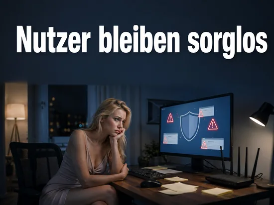 Frau am Rechner mit Schutzschild und Warnhinweisen: Internetnutzer bleiben zu sorglos