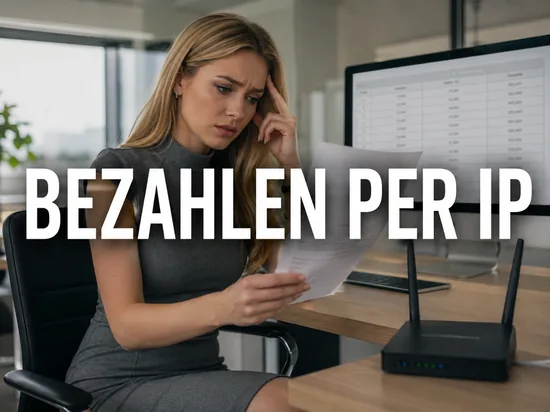 Blonde Geschaeftsfrau prueft besorgt eine Rechnung neben einem Router und Monitor mit Zahlungsuebersicht, Schriftzug Bezahlen per IP