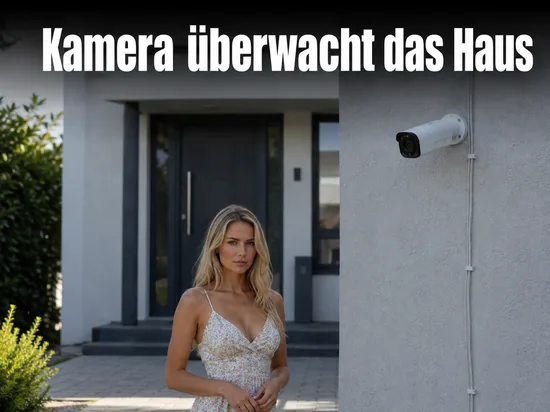 Frau vor einem Hauseingang mit Überwachungskamera an der Wand