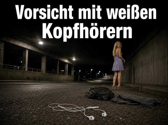 Frau in einer naechtlichen Unterfuehrung mit weissen Ohrhoerern auf dem Asphalt, Schriftzug Vorsicht mit weissen Kopfhoerern