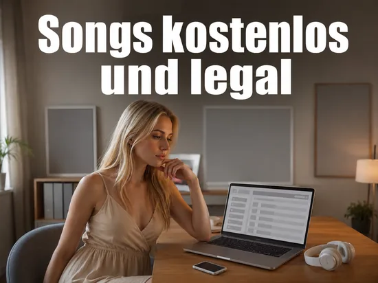 Laptop mit leerer Musikliste, MP3-Player und Kopfhoerern als Symbol fuer kostenlose Musikdownloads