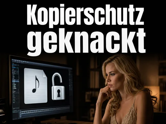 Geschaeftsfrau vor einem Monitor mit Musikdatei und aufgebrochenem Schloss als Symbol fuer den geknackten iTunes-Kopierschutz
