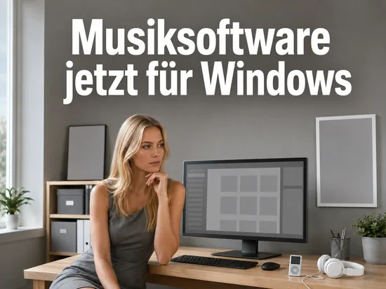 Monitor mit leerer Musikbibliothek, MP3-Player und Kopfhoerern als Symbol fuer Musiksoftware unter Windows