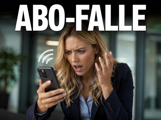 Veraergerte blonde Frau blickt geschockt auf ihr Smartphone, Symbolbild Abo-Falle mit versteckten Kosten bei Klingelton-Abos