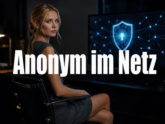 Geschaeftsfrau im abgedunkelten Raum vor einem Monitor mit Netzwerkknoten und blauem Schutzschild als Symbol fuer anonymes Surfen ueber ein Anonymisierungsnetz
