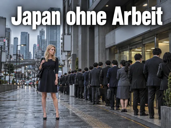 Frau steht auf einem Gehweg in Tokio und blickt besorgt auf eine lange Warteschlange von Menschen in Anzügen vor einem Amtsgebäude