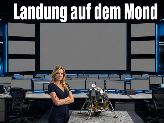 Kontrollraum einer Raumfahrtagentur mit einem Modell einer Mondlandefähre im Vordergrund