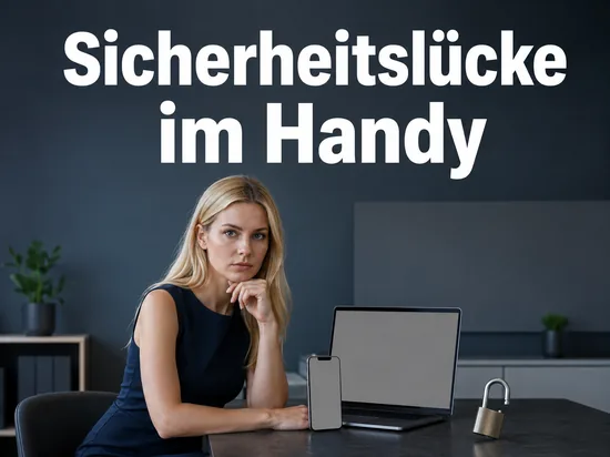 Frau am Schreibtisch mit Smartphone, Laptop und geöffnetem Vorhängeschloss