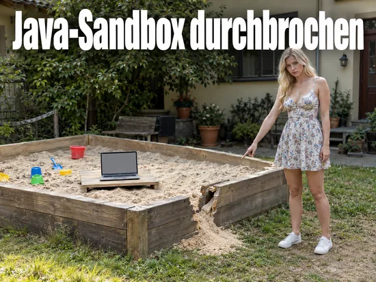 Frau zeigt auf den aufgebrochenen Holzrand eines Sandkastens, in dem ein Laptop steht