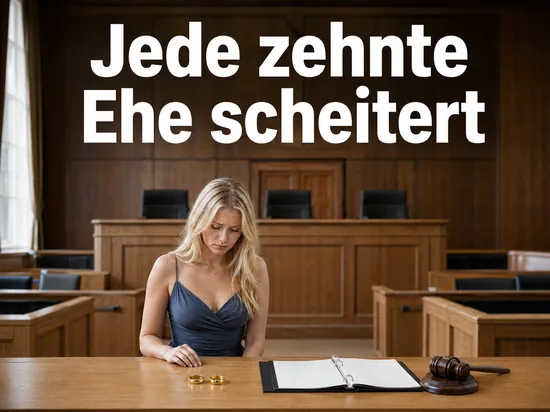 Frau im Gerichtssaal vor Eheringen und Richterhammer, Schriftzug Jede zehnte Ehe scheitert