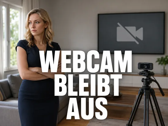 Blonde Frau im Wohnzimmer neben einer abgeschalteten Webcam auf einem Stativ als Symbol für das Ende einer Webcam-Seite