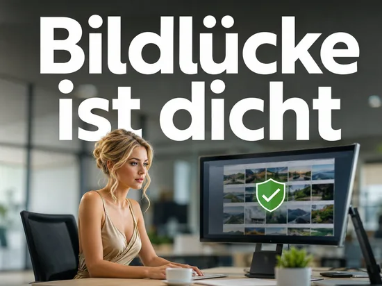 Geschaeftsfrau vor einem Monitor mit Bildergalerie und gruenem Schutzschild als Symbol fuer den Microsoft-Patch gegen die JPEG-Sicherheitsluecke