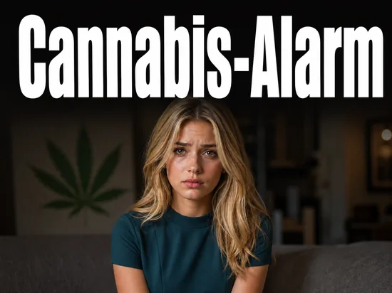Junge blonde Frau blickt besorgt, im Hintergrund dezent ein Cannabisblatt als Symbol fuer steigenden Drogenkonsum bei Jugendlichen