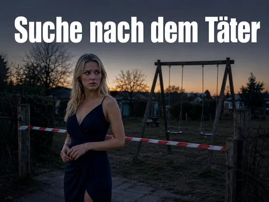Frau in der Daemmerung an einer abgesperrten Kleingartenanlage mit leerem Spielplatz: Polizei sucht nach dem Taeter