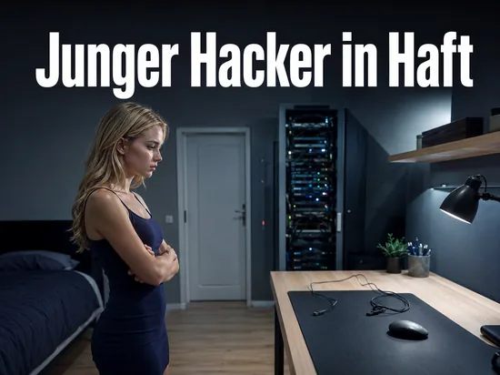 Frau vor einem leergeraeumten Schreibtisch mit Serverschrank: jugendlicher Hacker sitzt in Haft