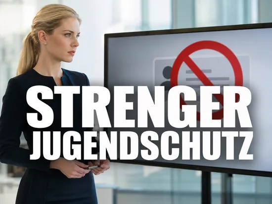 Geschaeftsfrau vor Bildschirm mit Altersverifikation und rotem Verbotssymbol als Symbol fuer strengen Jugendschutz im Internet