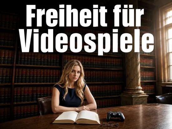 Juristische Bibliothek mit Gesetzbuechern, Buch und Gamepad