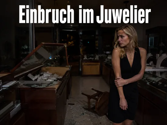 Frau in einem Juweliergeschaeft mit aufgebrochener Vitrine: Einbrecher gelangte ungehindert in den Laden