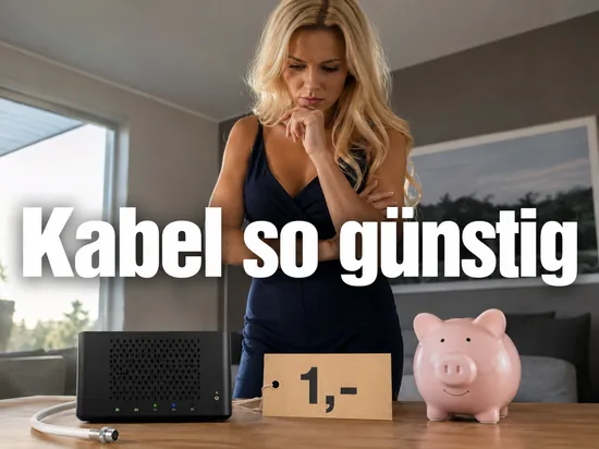 Schwarzes Kabelmodem mit Koaxialkabel, Preisschild und Sparschwein auf einem Tisch, davor eine Frau