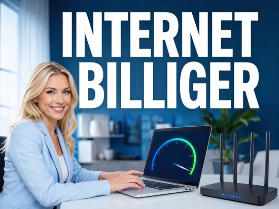 Kabelanbieter startet Preisoffensive für Highspeed-Internet, freundliche Geschäftsfrau mit Laptop und Router