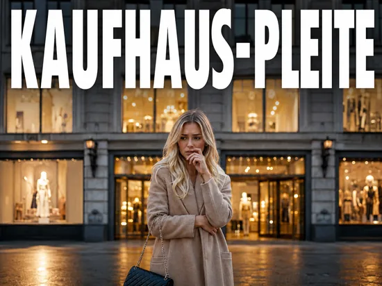 Besorgte blonde Frau vor einem Luxuskaufhaus, Symbolbild Insolvenz eines Kaufhauses