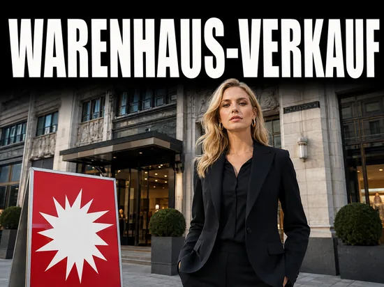 Ernste blonde Geschaeftsfrau vor der Fassade eines klassischen Kaufhauses mit Verkaufsschild, Symbolbild Verkauf einer Warenhauskette