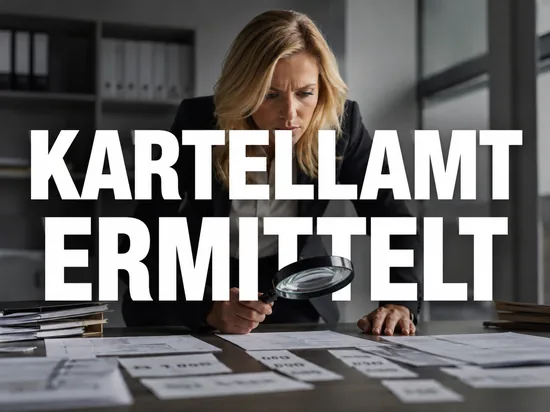 Kartellamt ermittelt wegen Ungereimtheiten bei der Preisgestaltung, Geschäftsfrau mit Lupe über Preisdokumenten im Behördenbüro