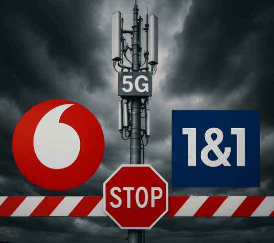 Mobilfunkmast mit Vodafone- und 1&1-Logos, getrennt durch Barriere &ndash; Symbol f&uuml;r kartellrechtlichen Streit um Netzausbau