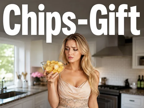 Junge blonde Frau betrachtet skeptisch eine Schuessel Kartoffelchips als Symbol fuer schaedliches Acrylamid