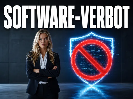 Blonde Geschaeftsfrau vor Schutzschild mit Verbotszeichen, Symbolbild Software-Verbot