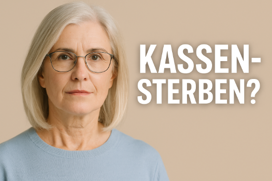 Attraktive &auml;ltere Dame mit silbernem Haar und Brille, Blick in die Kamera, daneben der Text &bdquo;Kassensterben?&ldquo;
