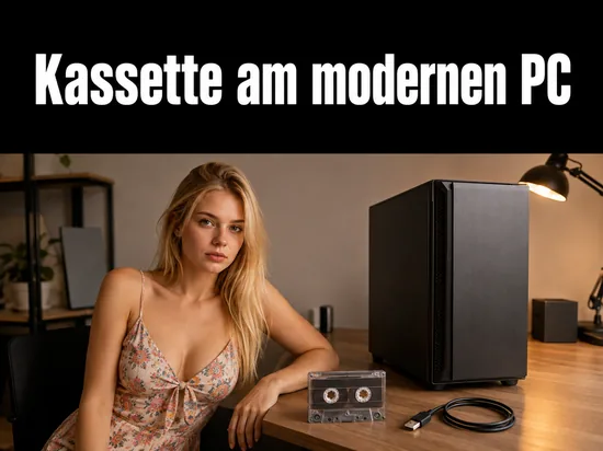 Frau am Schreibtisch mit Musikkassette und Computergehäuse