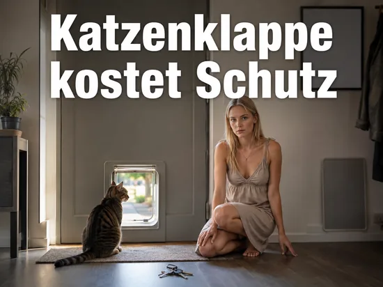Hauseingangstuer mit Katzenklappe, davor eine getigerte Katze und ein Schluesselbund