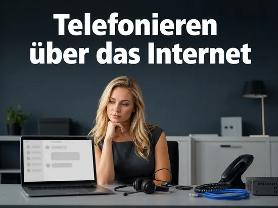 Laptop mit Headset, Telefonhoerer und Netzwerkkabel als Symbol fuer Internettelefonie
