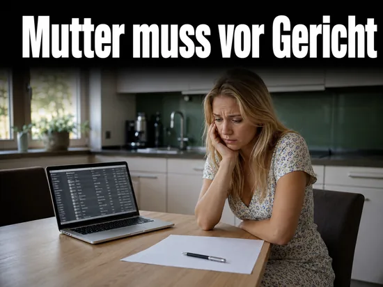 Frau am Kuechentisch mit Laptop und Gerichtsschreiben: Mutter muss wegen Musiktausch vor Gericht