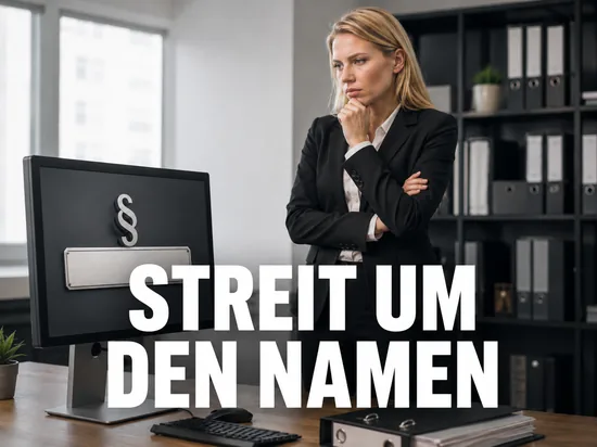 Blonde Geschaeftsfrau vor einem Monitor mit leerem Namensschild und Paragrafen-Symbol, Schriftzug Streit um den Namen