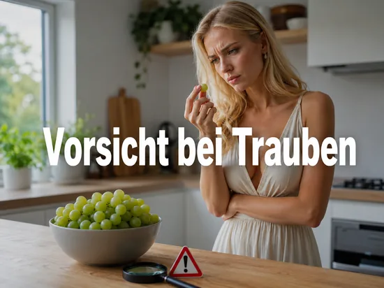 Schuessel mit gruenen kernlosen Weintrauben, Lupe und Warnschild auf einem Kuechentisch, davor eine Frau mit skeptischem Blick