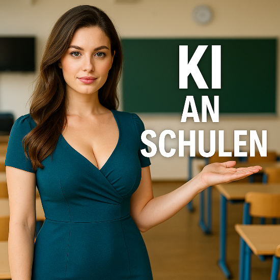 Fiktive, attraktive Frau im Kleid steht in einem Klassenzimmer mit dem Schriftzug „KI an Schulen“ im Hintergrund.