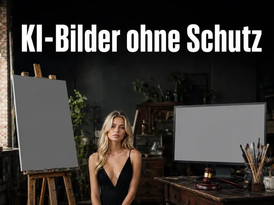 Atelier mit leerer Staffelei, Monitor und Richterhammer
