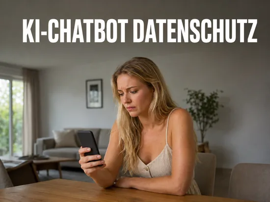Blonde Frau am Tisch blickt besorgt auf ihr Smartphone, Schriftzug KI-Chatbot Datenschutz