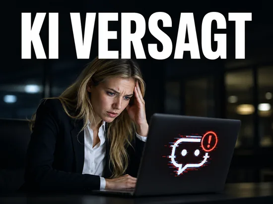 Blonde Geschaeftsfrau blickt besorgt auf Laptop mit gestoertem Chatbot-Symbol und Fehlermeldung, Schriftzug KI versagt