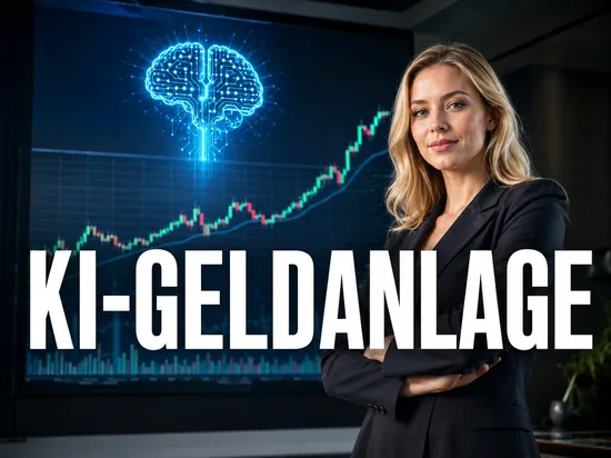 Selbstbewusste Geschäftsfrau vor einem Bildschirm mit KI-Gehirn-Symbol und Aktienchart, Symbolbild für Geldanlage mit künstlicher Intelligenz
