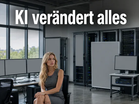 Frau im KI-Forschungslabor vor Serverschränken mit leeren Monitoren