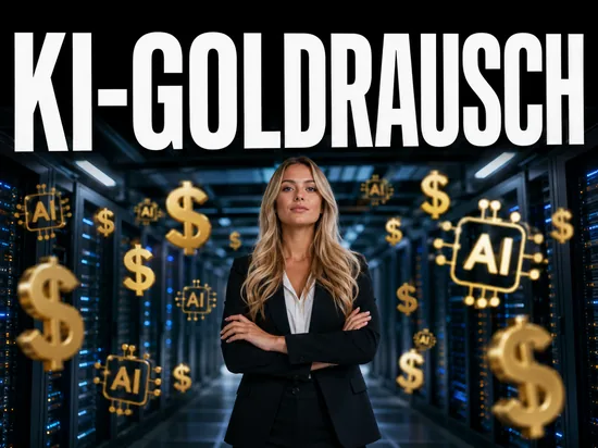 Blonde Geschaeftsfrau vor Rechenzentrum, Symbolbild KI-Goldrausch