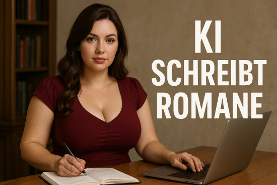 Fiktive, attraktive Frau mit üppiger Figur im Kleid sitzt an Schreibtisch, arbeitet konzentriert am Laptop, daneben Notizbuch. Text: KI schreibt Romane.