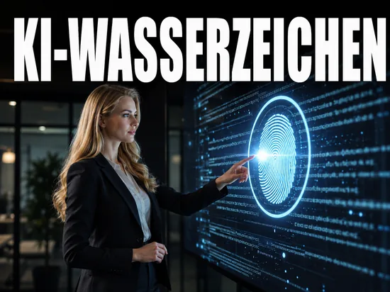 Blonde Geschaeftsfrau mit digitalem Wasserzeichen-Symbol, Symbolbild KI-Wasserzeichen