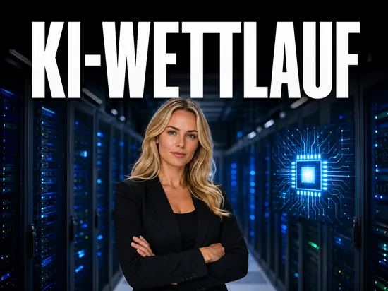 Blonde Geschaeftsfrau im Serverraum mit leuchtendem KI-Chip, Symbolbild Wettlauf um Kuenstliche Intelligenz