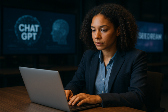 Ultra-realistisches Foto einer Frau im Business-Outfit, die konzentriert am Laptop arbeitet, hinter ihr leuchten Bildschirme mit den Schriftz&uuml;gen ChatGPT und Seedream.