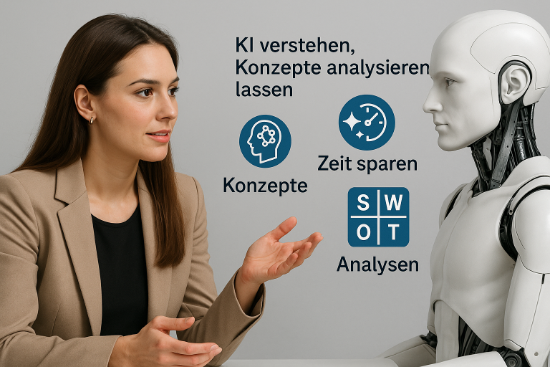 Attraktive Frau im Business-Outfit spricht mit humanoidem Roboter, w&auml;hrend Symbole f&uuml;r Zeitersparnis, Konzepte und SWOT-Analysen im Hintergrund erscheinen.