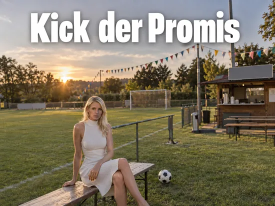Amateur-Sportplatz im Abendlicht mit Wimpelketten und Ball, eine Frau sitzt auf einer Bank
